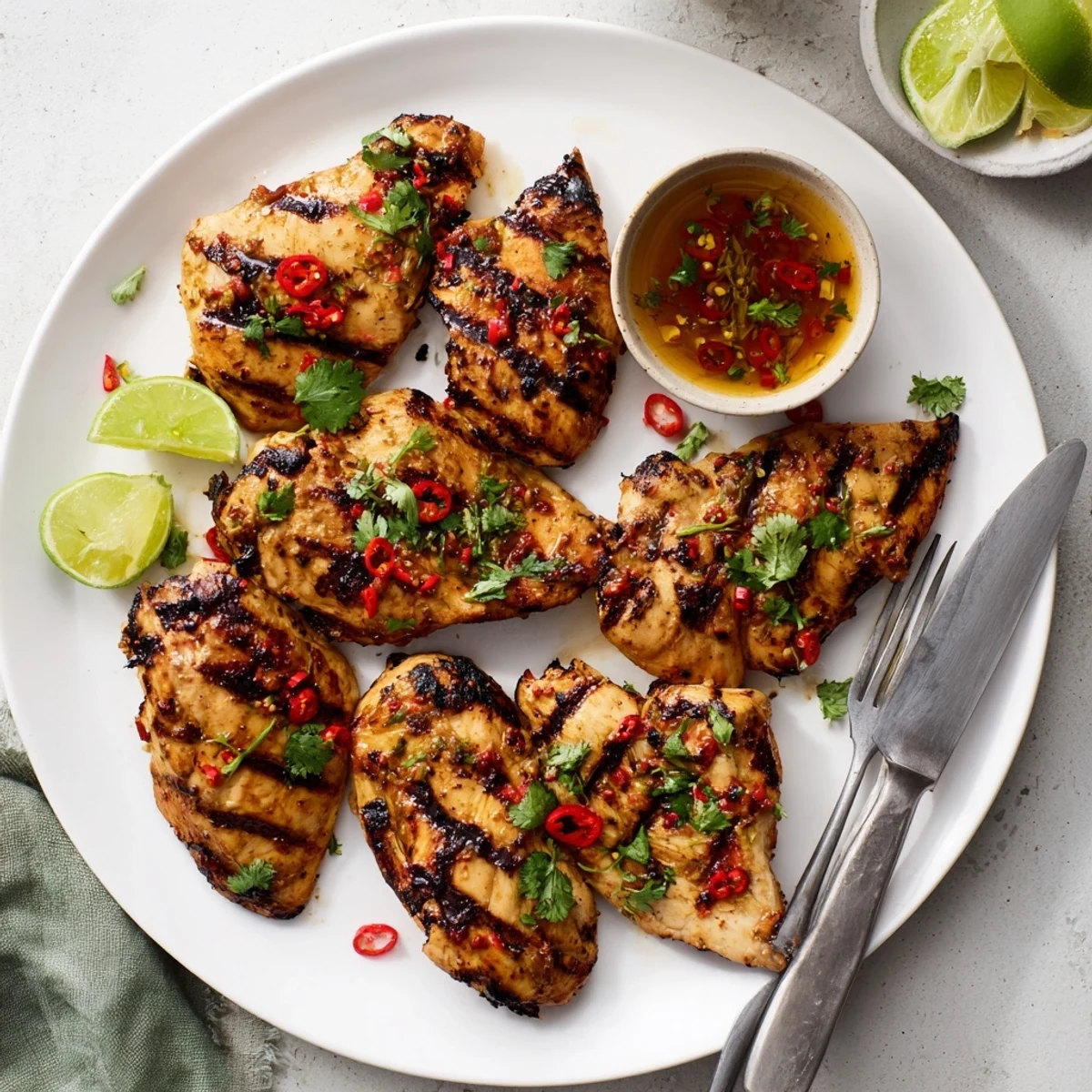 Golden grilled chili lime chicken breast garnished with fresh cilantro and lime wedges on a white plate