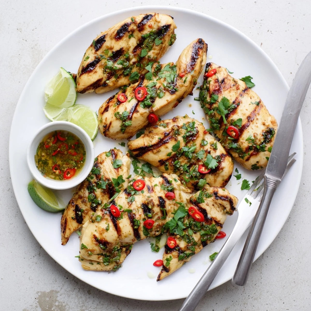 Sliced chili lime chicken resting on a cutting board with fresh herbs and citrus garnish