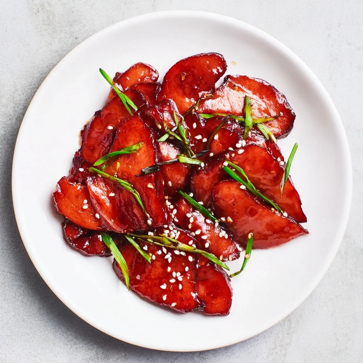Juicy Authentic Char Siu Chicken arranged on serving plate with shiny red glaze