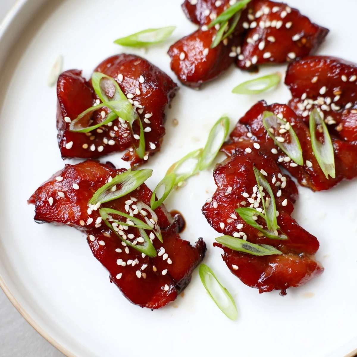 Sliced Authentic Char Siu Chicken pieces garnished with fresh green onions and sesame seeds