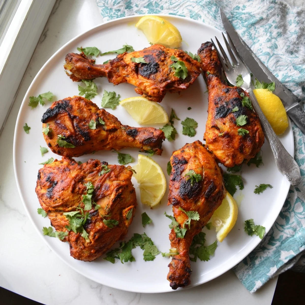 Tandoori chicken recipe with charred, juicy drumsticks garnished with fresh cilantro