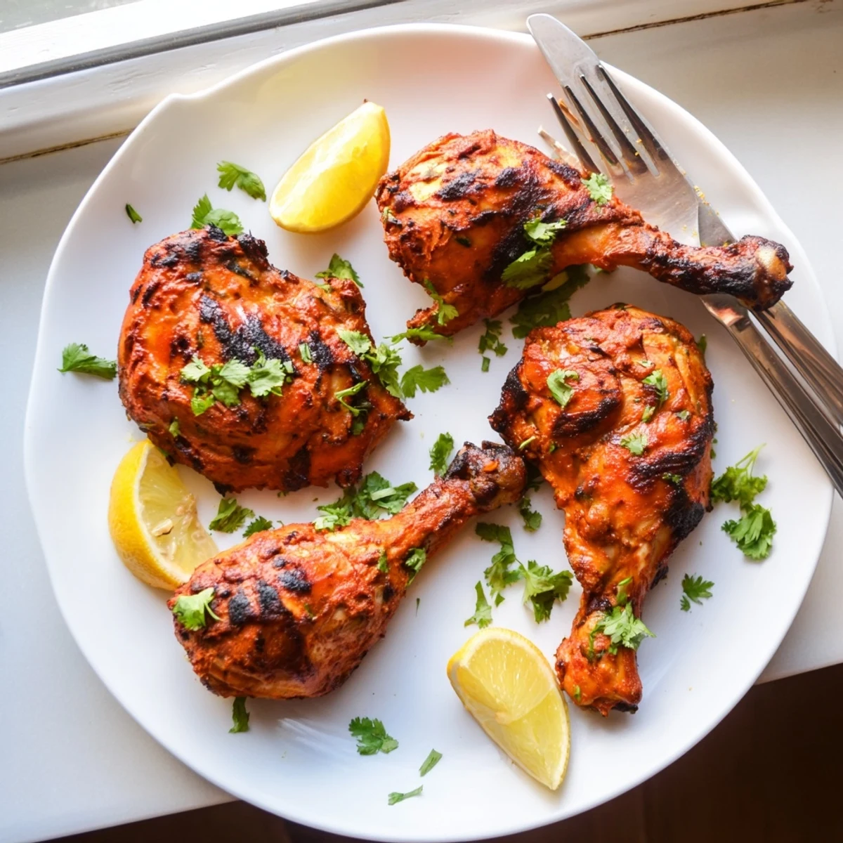 Golden tandoori chicken thighs roasted to smoky perfection on a wire rack