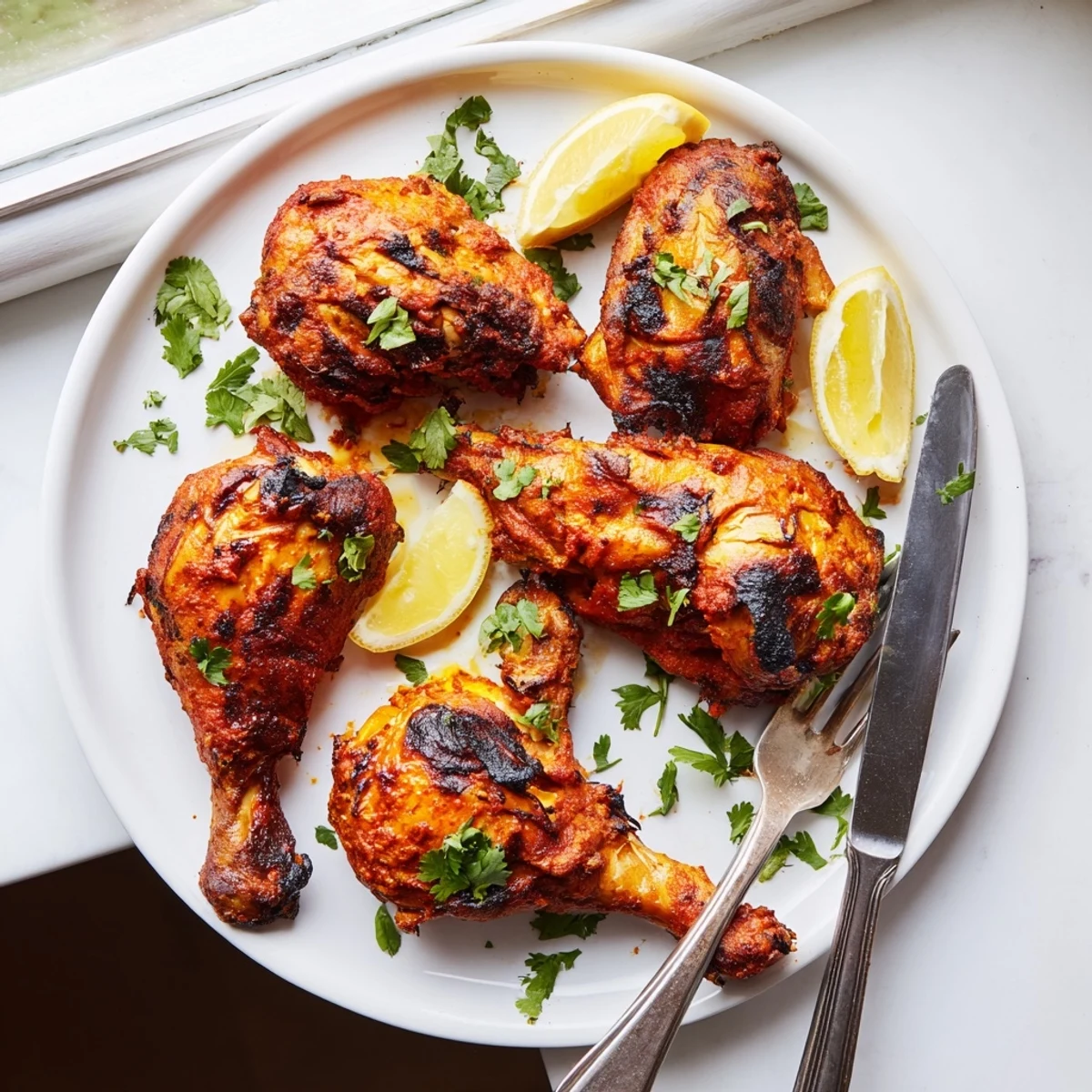 Spicy yogurt-marinated tandoori chicken recipe served with lemon wedges and herbs