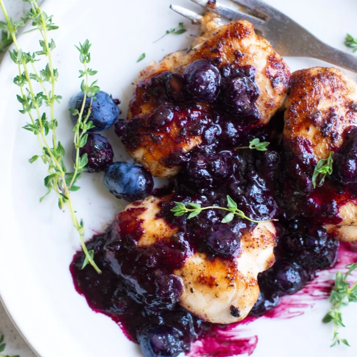 Golden seared chicken breasts drizzled with rich purple blueberry thyme sauce on a white dinner plate