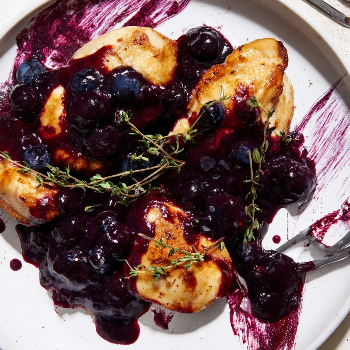 Savory glazed blueberry thyme chicken served over rustic wooden board with pan sauce and fresh herbs