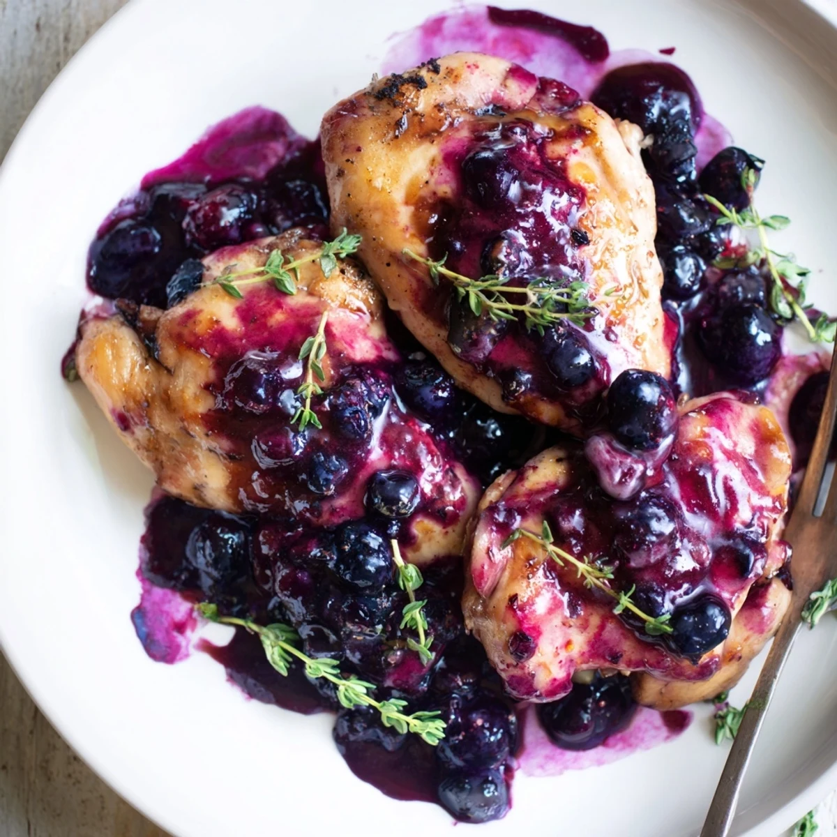 Tender blueberry thyme chicken topped with glossy dark berry sauce and fresh green thyme sprigs garnish