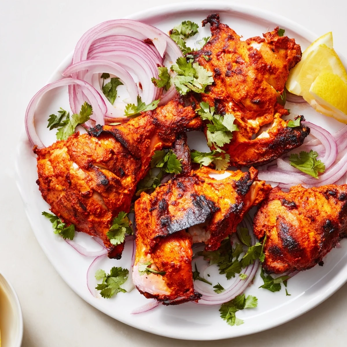 Tandoori chicken pieces arranged on a white platter garnished with fresh cilantro and lemon wedges