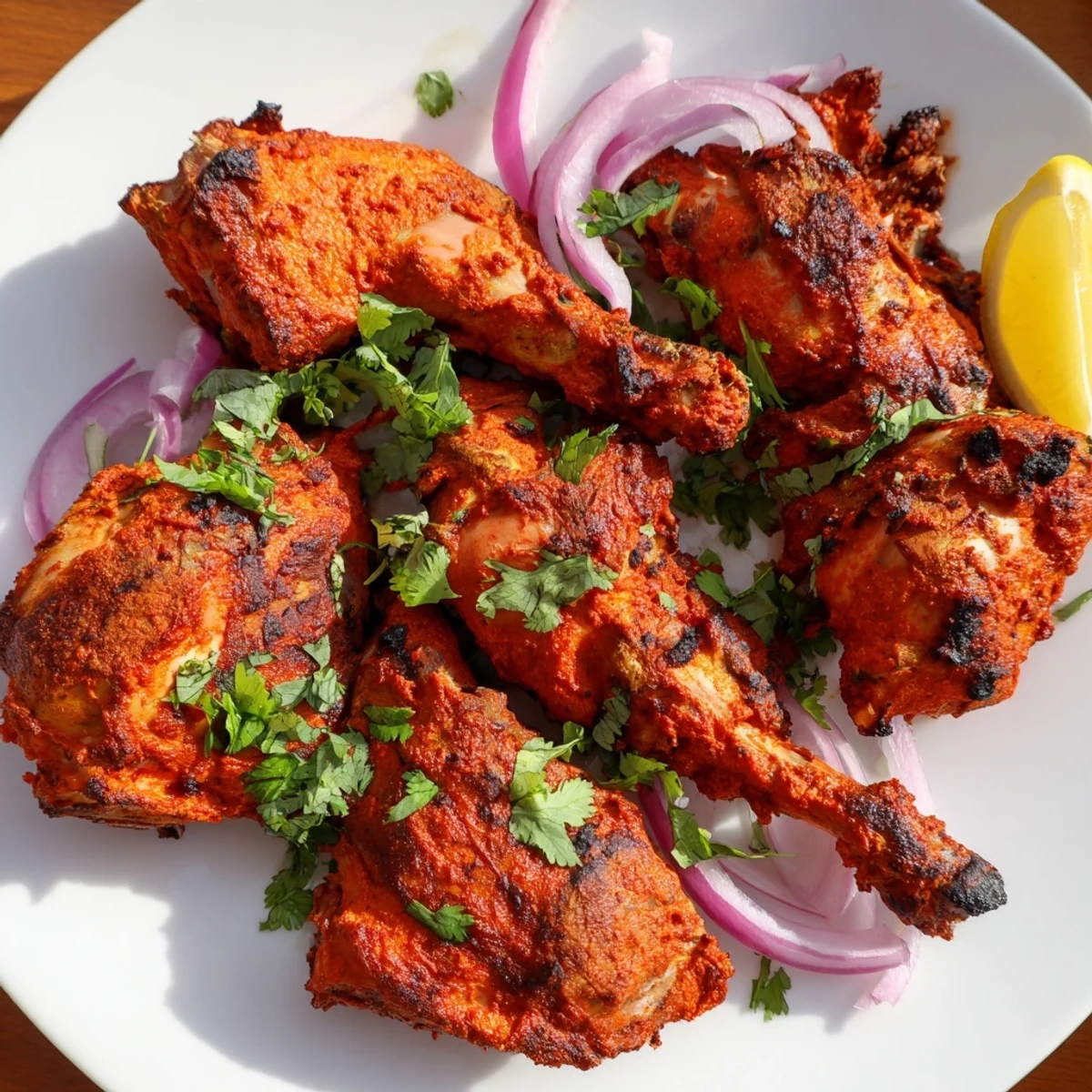Sizzling tandoori chicken with charred edges served alongside naan bread and red onion slices