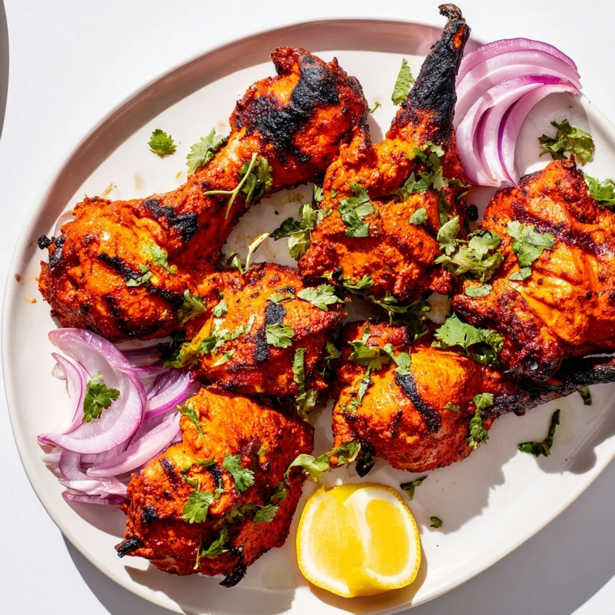 Golden red tandoori chicken legs resting on a metal rack after roasting to smoky perfection