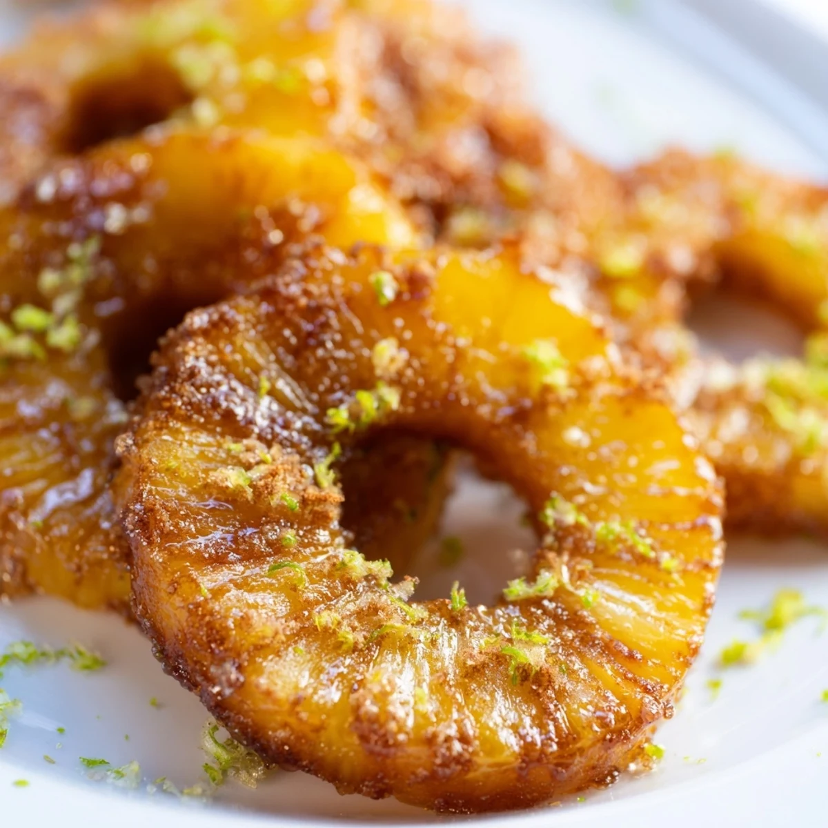 Golden caramelized air fryer pineapple rings dusted with cinnamon and brown sugar