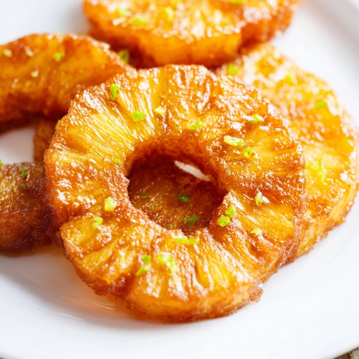 Crispy edged air fryer pineapple rings drizzled with honey and fresh mint garnish