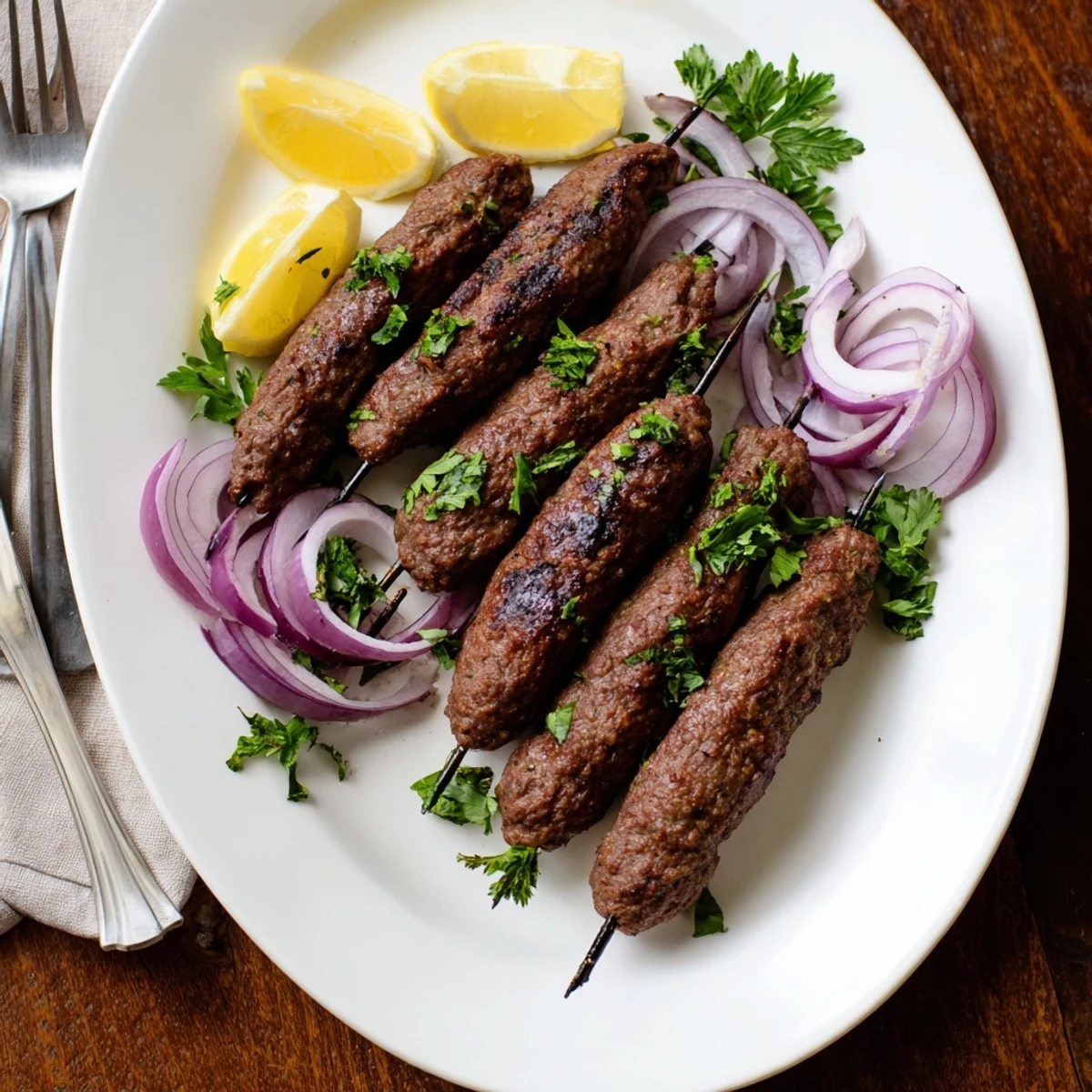 Plate of juicy Middle Eastern beef kofta kebabs served with lemon wedges and warm flatbread