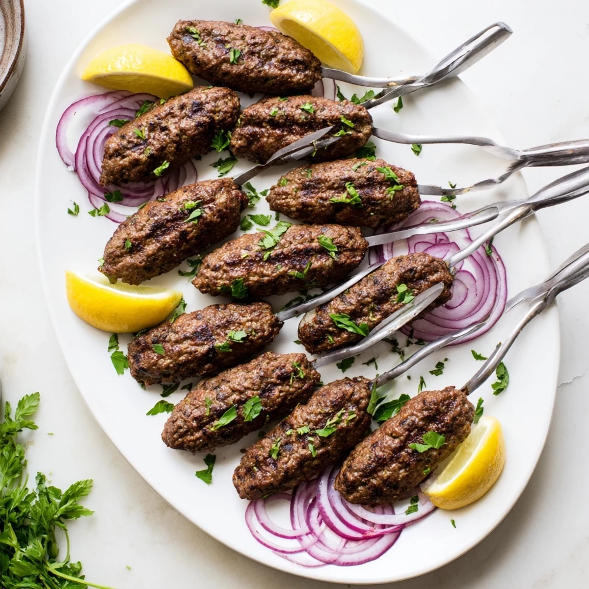 Homemade spiced ground beef kofta kebabs arranged on a wooden board with cucumber and tomatoes