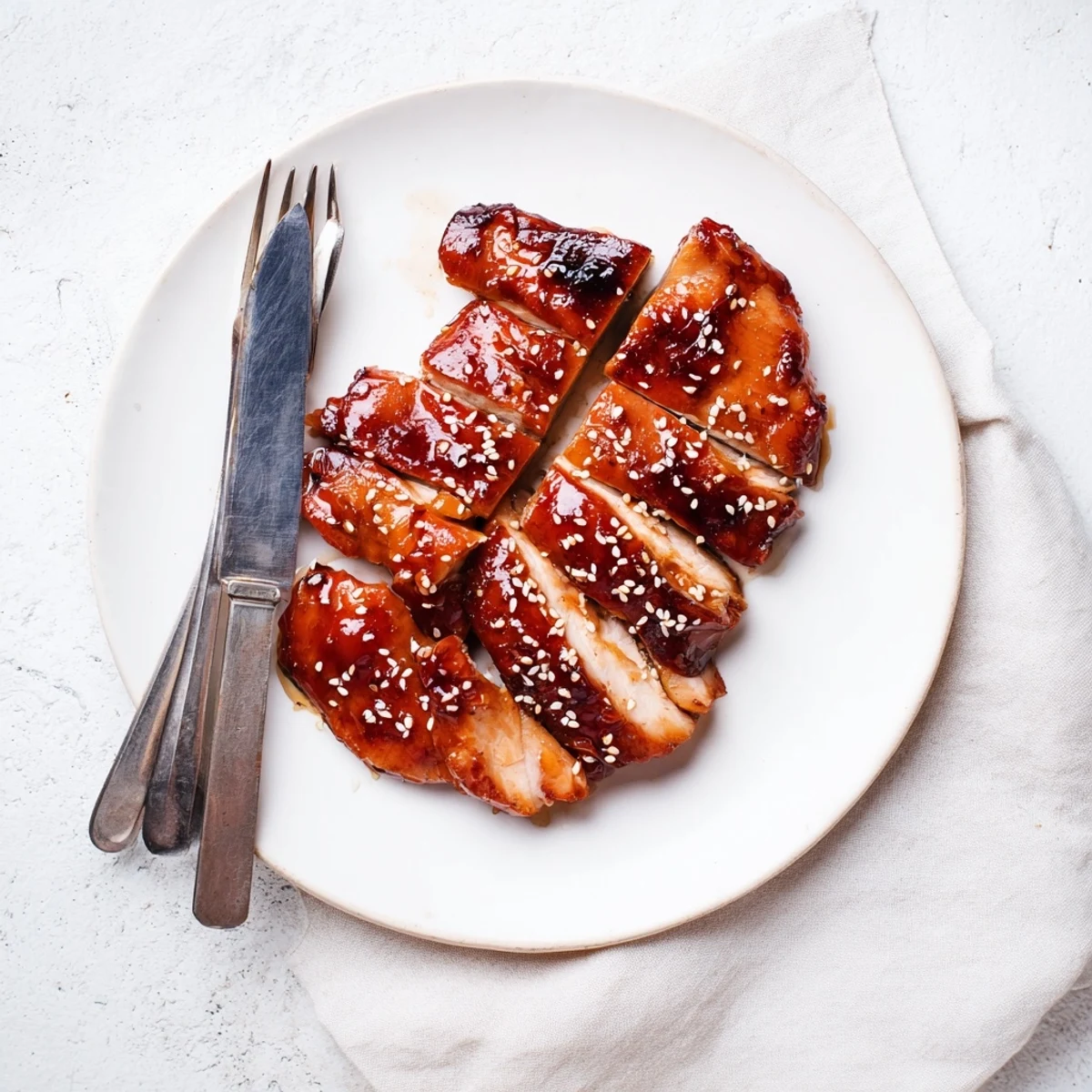 Sliced Cantonese Char Siu chicken BBQ arranged on white plate with glossy red marinade coating