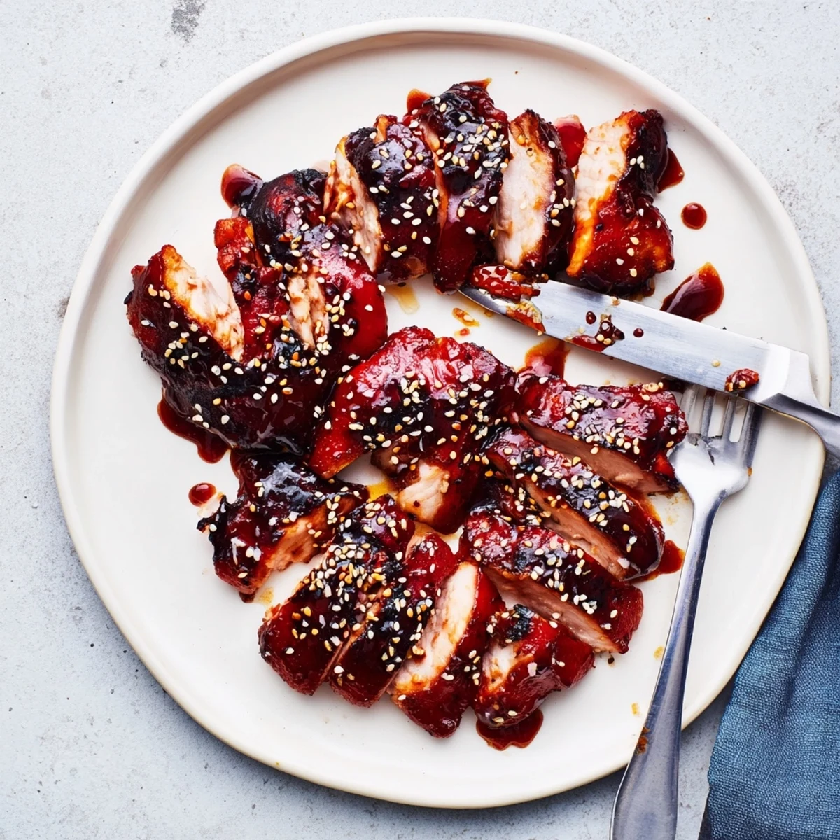 Juicy Chinese barbecue chicken pieces brushed with honey glaze resting on cutting board with sesame garnish