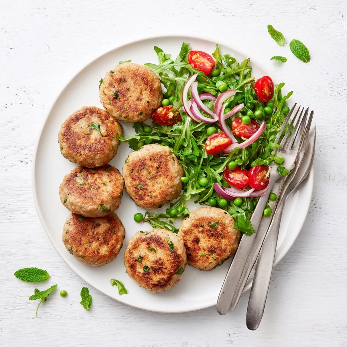Golden brown turkey patties with arugula pea salad on a white plate