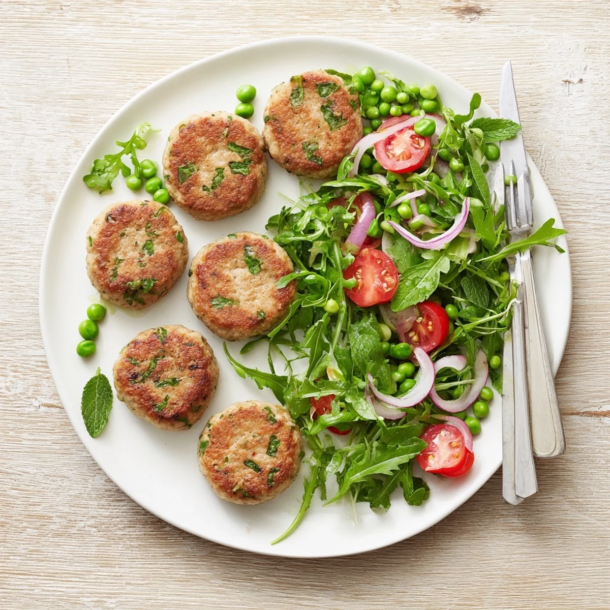 Homemade turkey patties plated with vibrant green arugula pea salad for a healthy meal