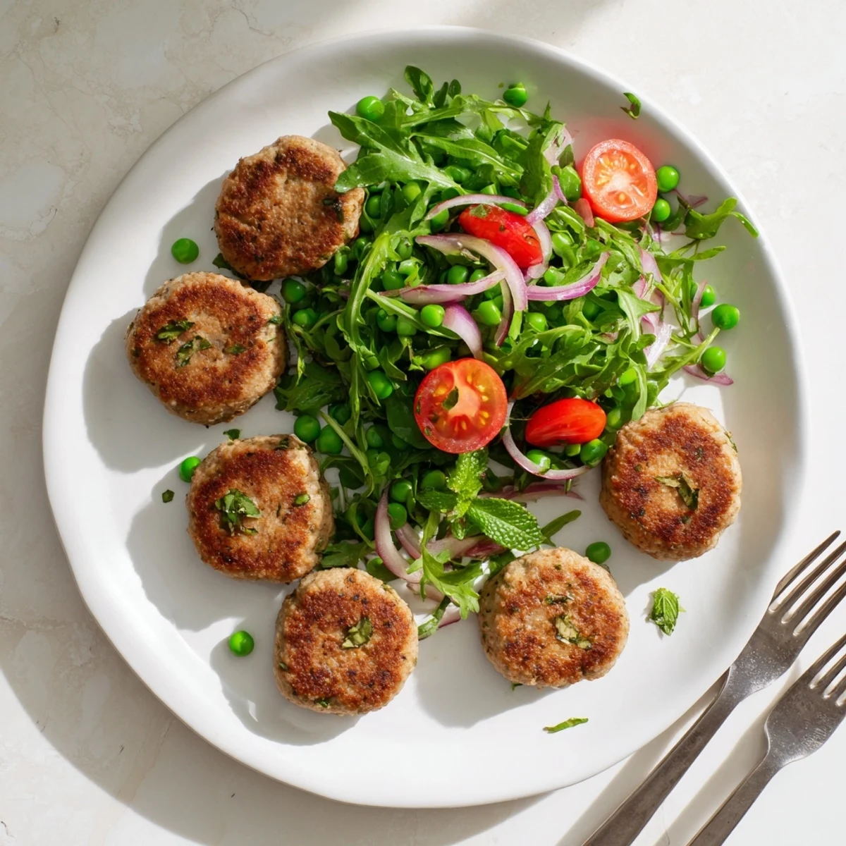 Juicy pan-fried turkey patties served alongside fresh arugula pea salad with cherry tomatoes