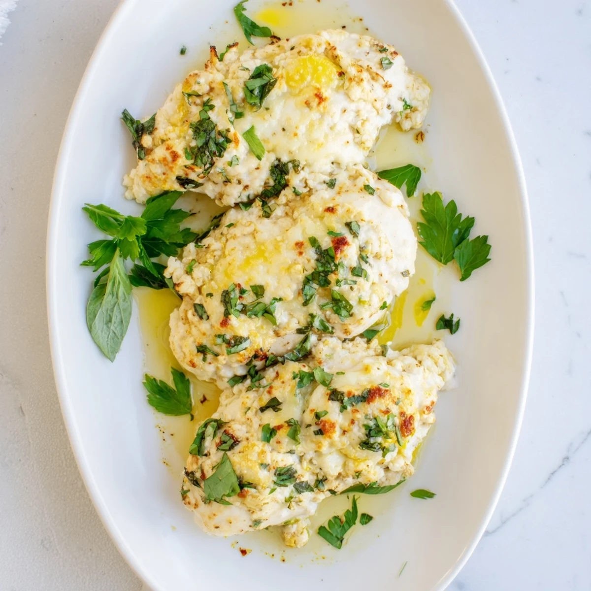 Golden baked creamy ricotta chicken with bubbling herb topping and melted mozzarella