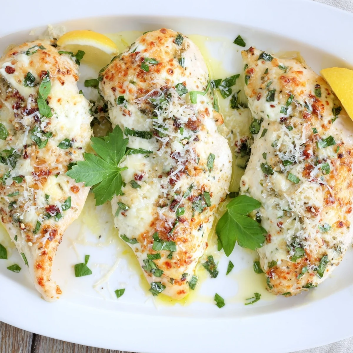 Oven-baked chicken breasts smothered in rich lemon ricotta and fresh parsley garnish