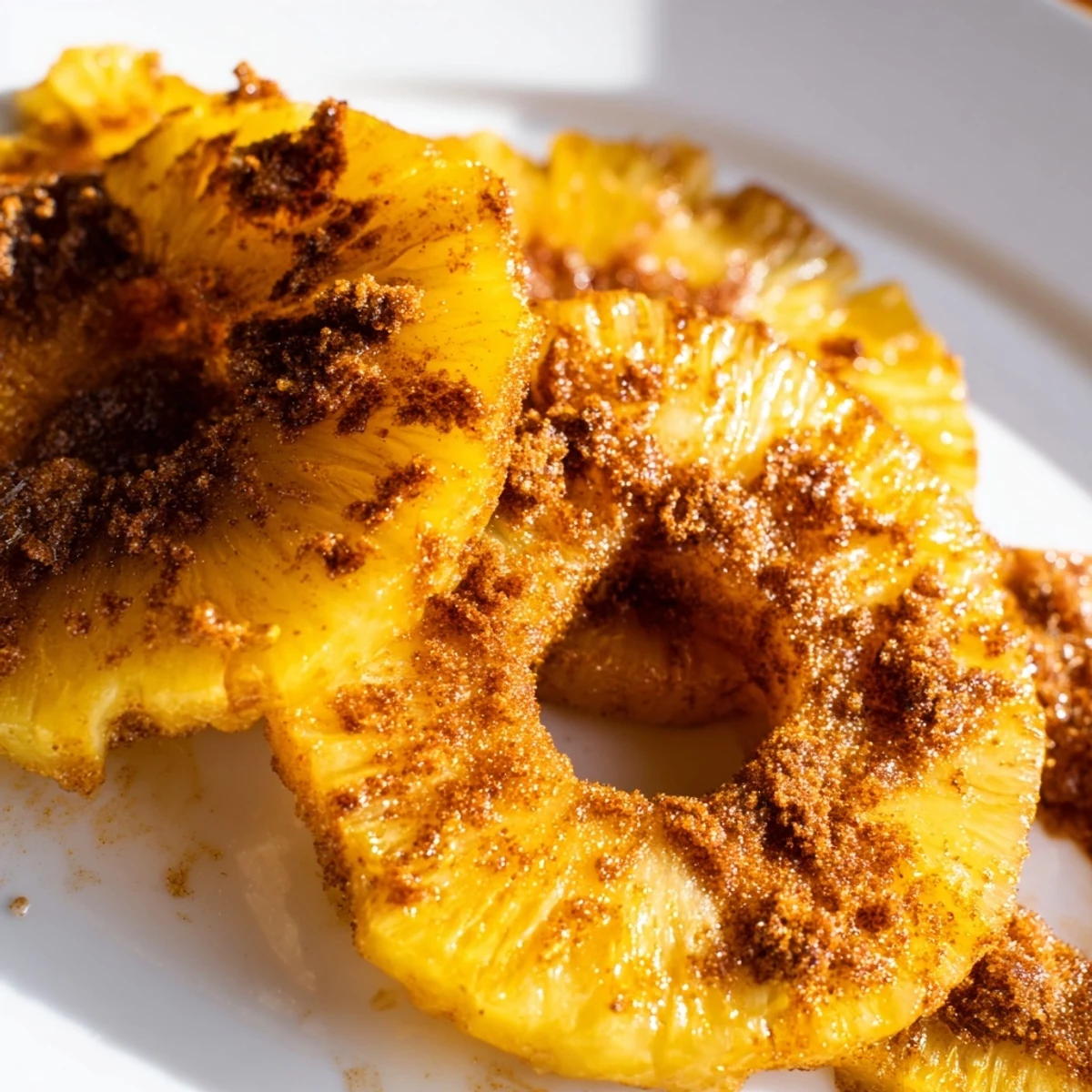 Sweet air fryer pineapple slices perfectly browned and ready for dessert or snacking