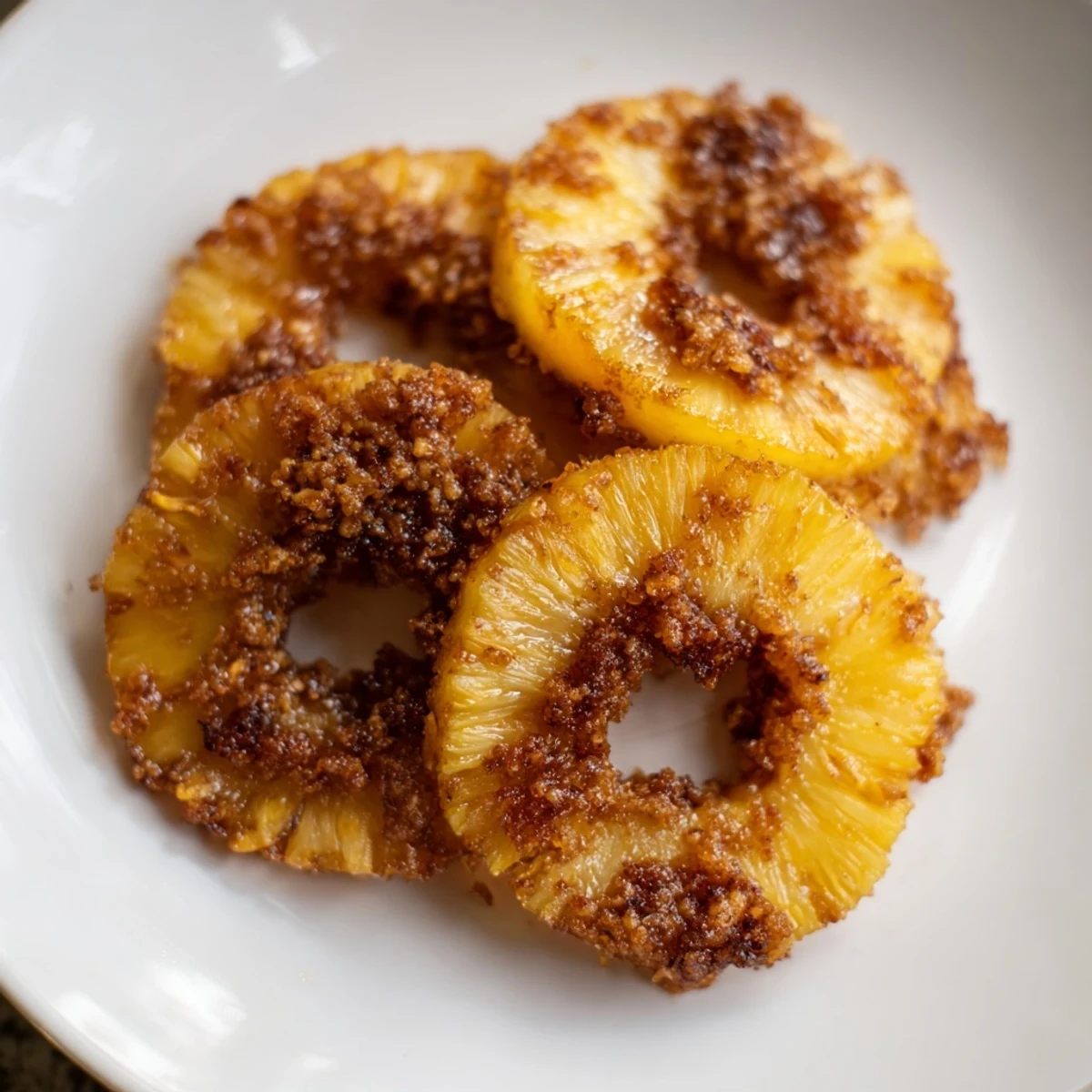 Golden caramelized air fryer pineapple rings dusted with cinnamon sugar and served warm