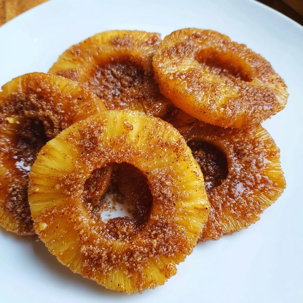 Tropical air fryer pineapple wedges with caramelized edges and vanilla drizzle topping