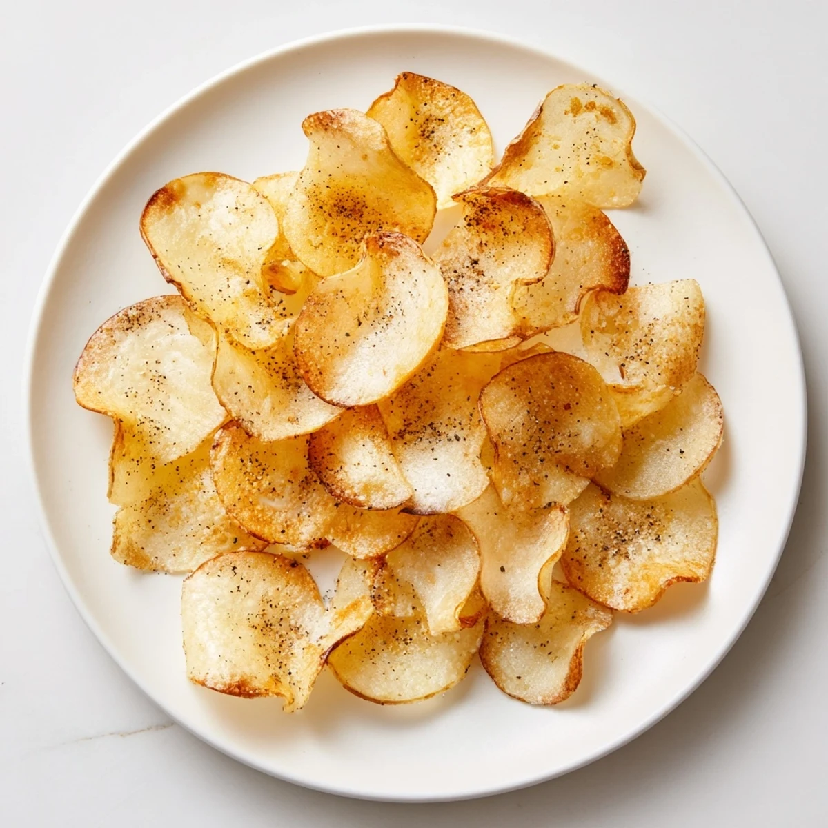 Golden brown air fryer radish chips arranged on a white plate, lightly seasoned with sea salt and garlic powder.