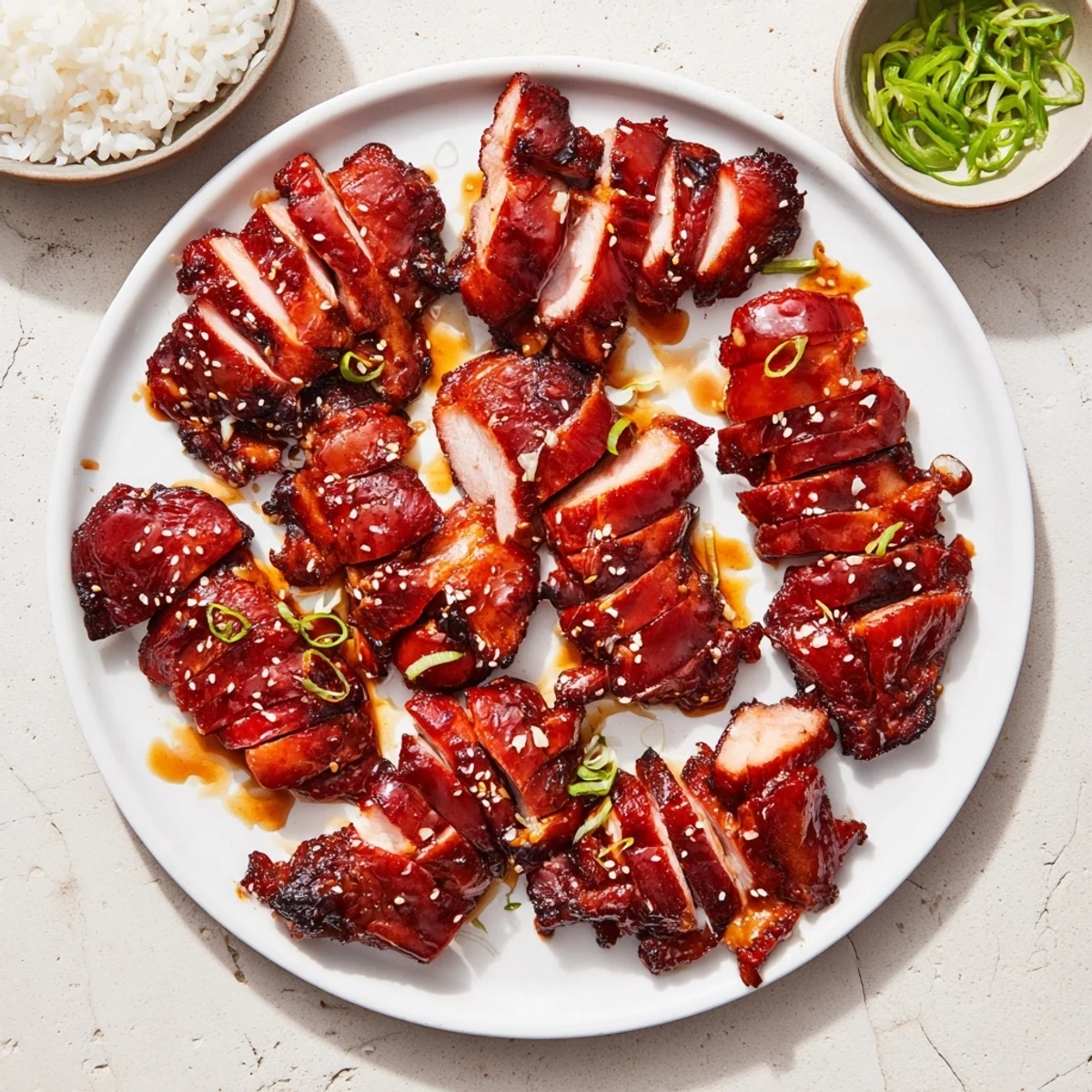 Glistening roasted Char Siu Chicken with caramelized honey glaze and sesame garnish on white plate