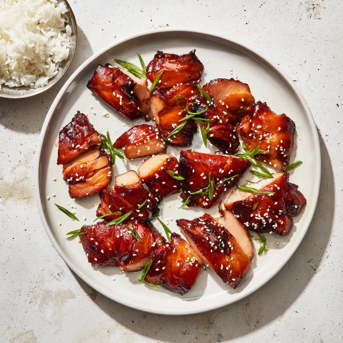 Tender Cantonese-style Char Siu Chicken thighs coated in sticky red hoisin marinade on serving platter