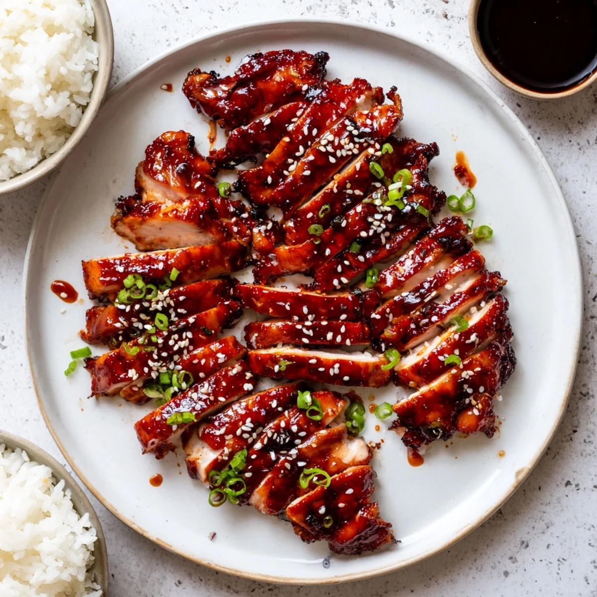 Sliced authentic Char Siu Chicken pieces arranged over steaming white rice with scallion topping