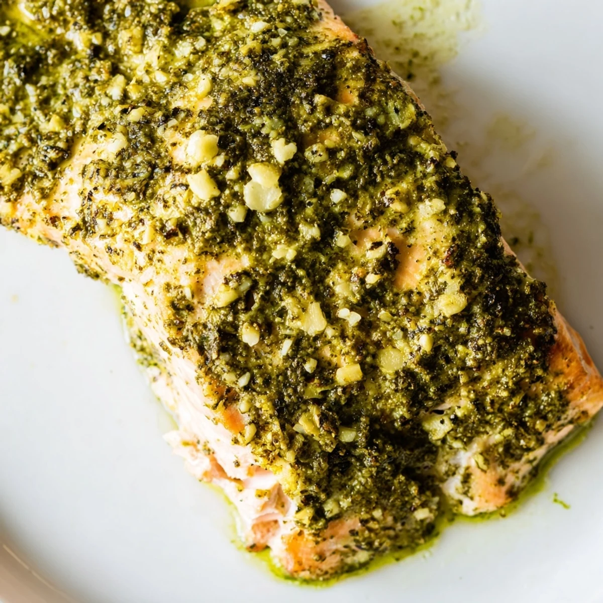 Golden brown pesto butter salmon fillet baked to flaky perfection with fresh herbs