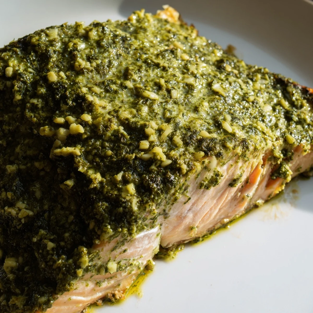 Succulent baked salmon with creamy pesto butter glaze garnished with fresh basil leaves