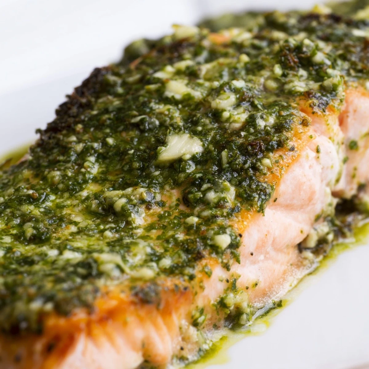 Oven-roasted salmon topped with vibrant green pesto butter sauce and lemon wedges