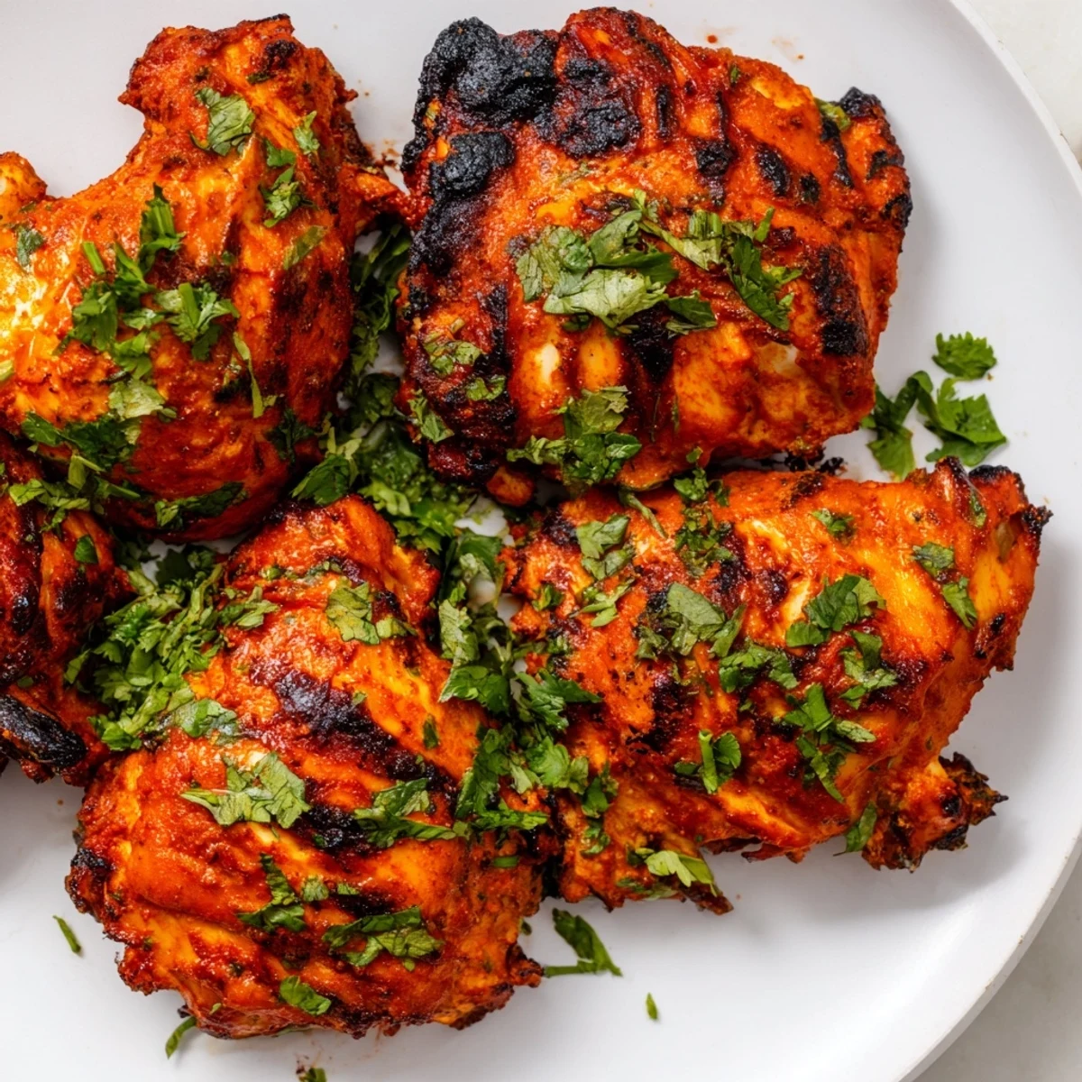 Succulent yogurt-marinated tandoori chicken pieces arranged on a serving platter with sliced onions