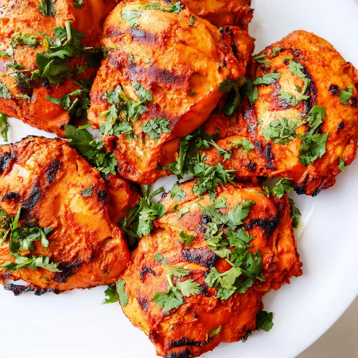 Tandoori chicken with charred edges garnished with fresh cilantro and lemon wedges