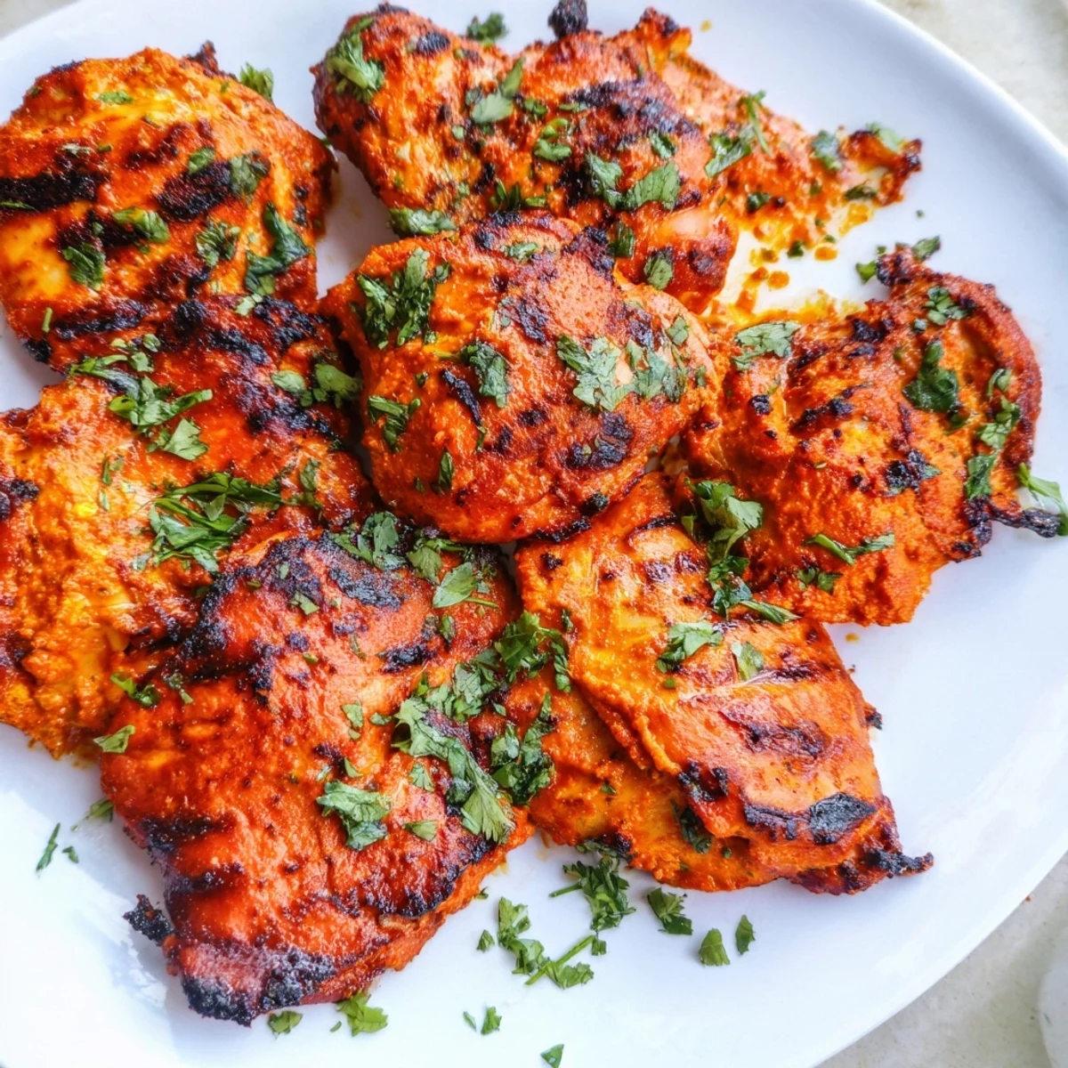 Golden spiced tandoori chicken drumsticks with smoky grill marks and herb topping