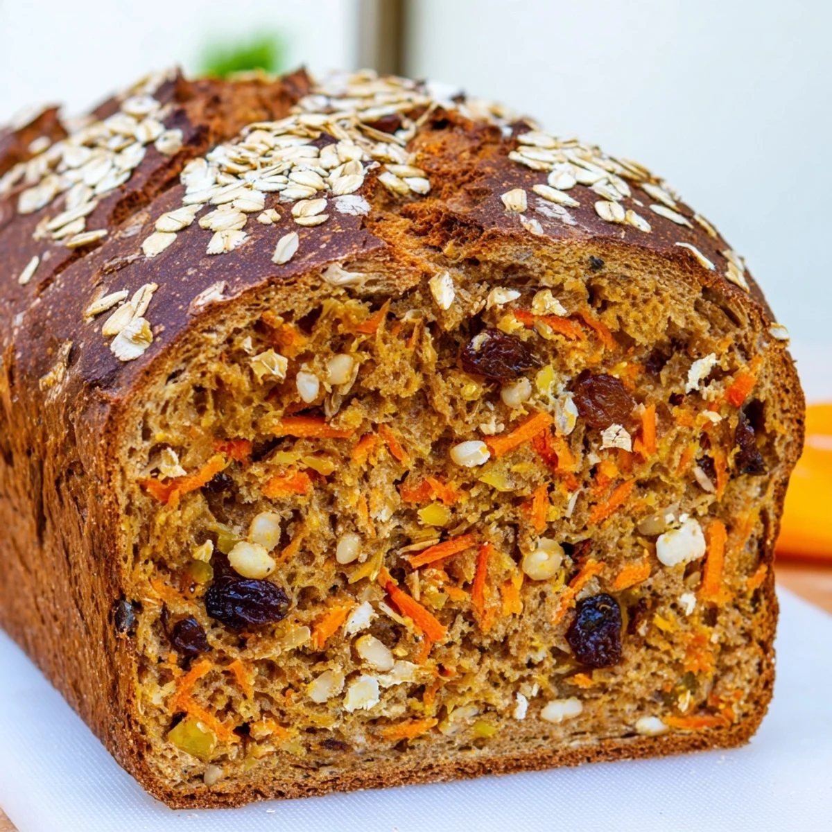Sliced carrot cake sourdough bread revealing moist spiced crumb with raisins and pecans