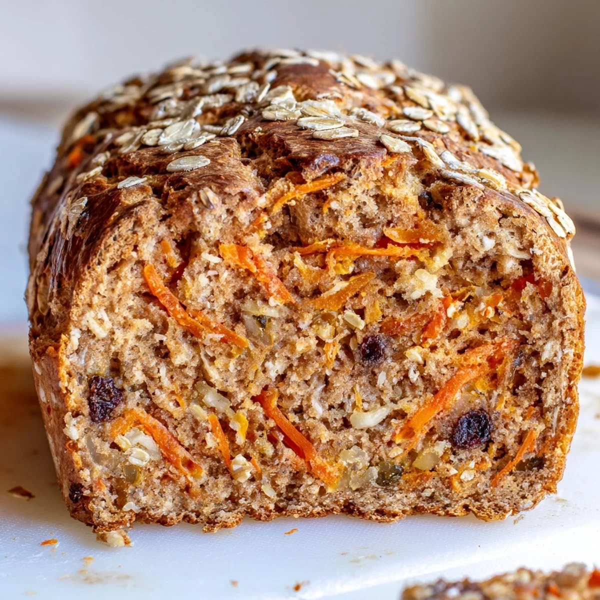 Rustic carrot cake sourdough bread dusted with oats and seeds on wooden cutting board