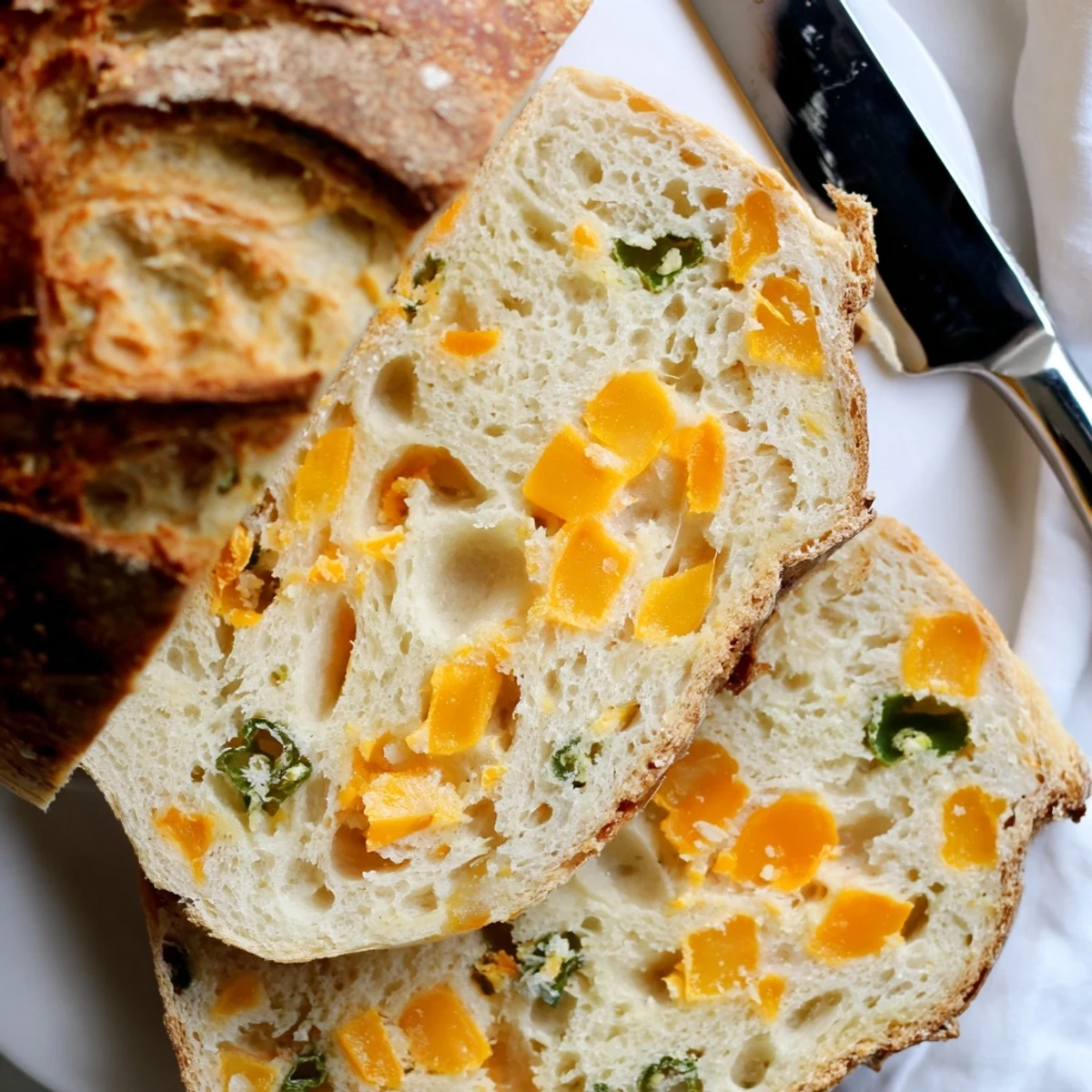 Golden crusty jalapeno cheddar sourdough bread loaf with visible cheese and pepper chunks