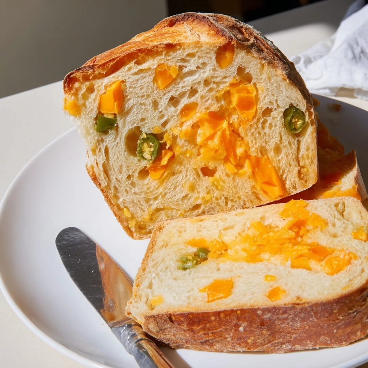 Sliced jalapeno cheddar sourdough bread displaying tender crumb and melted cheddar pockets