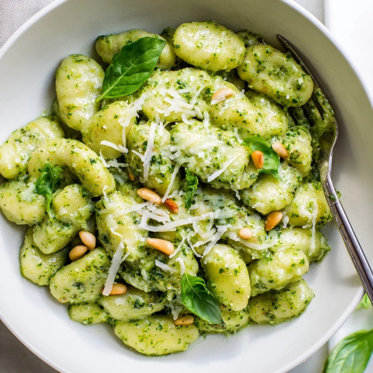 Golden potato gnocchi coated in vibrant green basil pesto cream sauce with Parmesan shavings