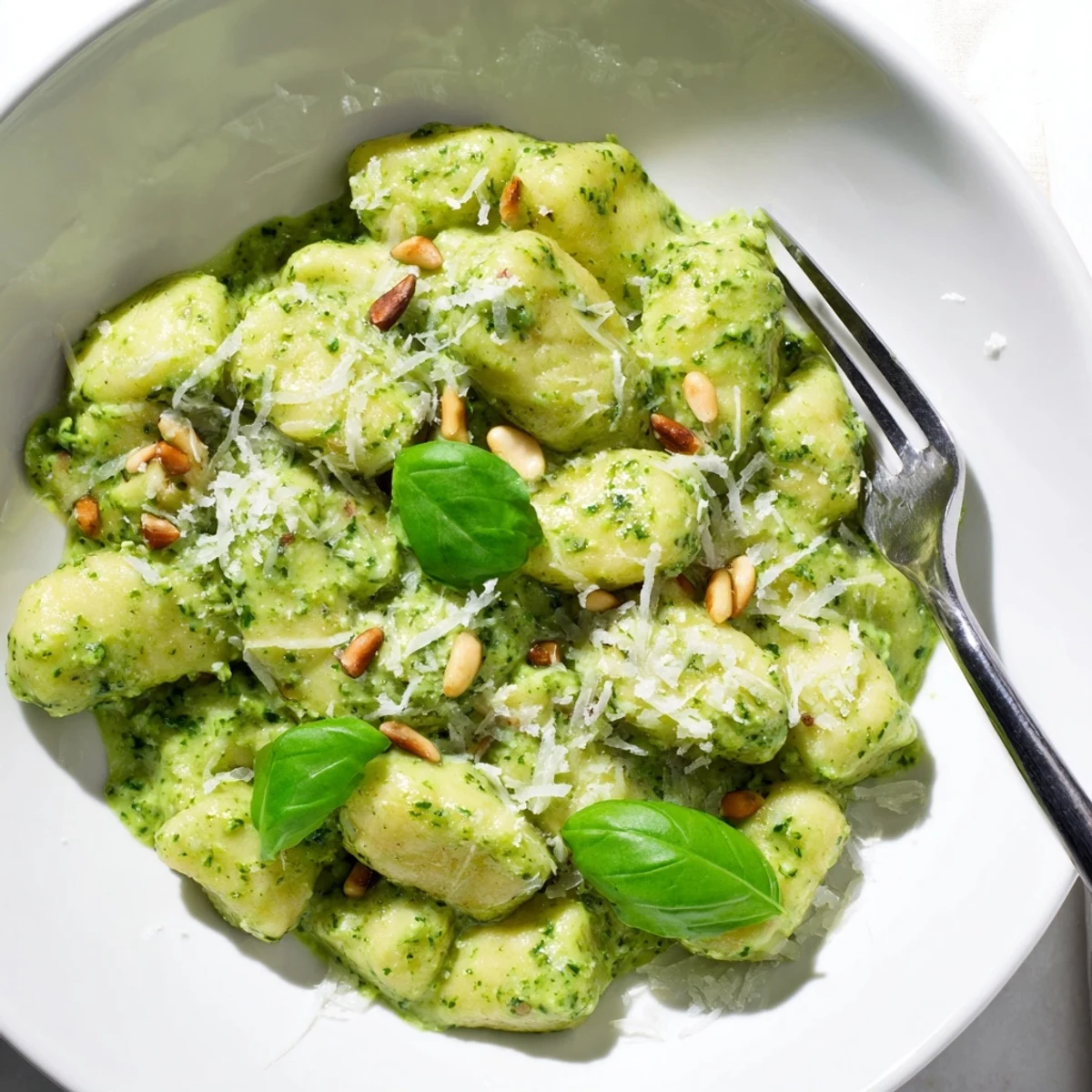 Close-up of soft Italian gnocchi tossed in rich herbaceous pesto cream sauce and extra grated cheese