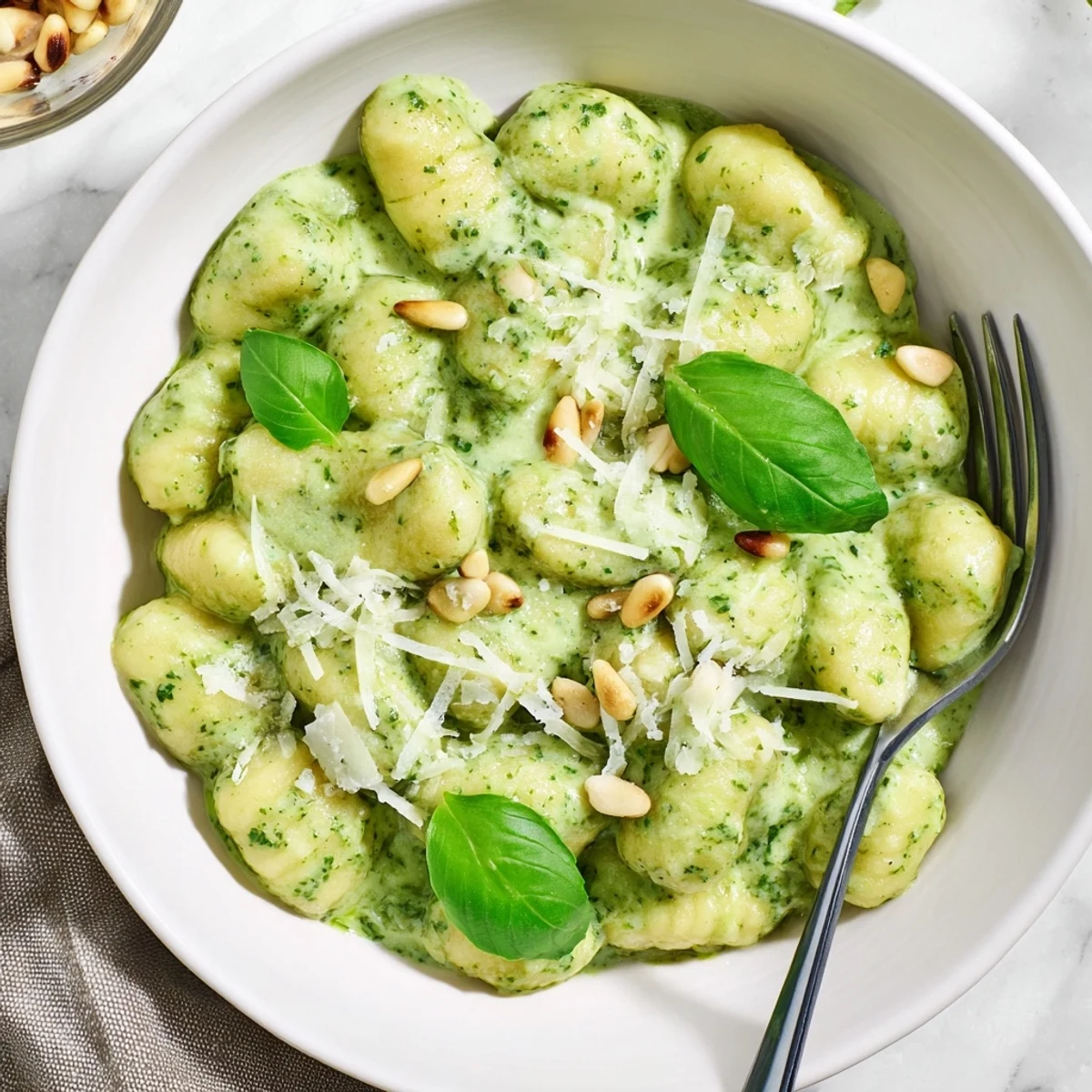Creamy pesto gnocchi plated with fresh basil leaves and toasted pine nuts sprinkled on top