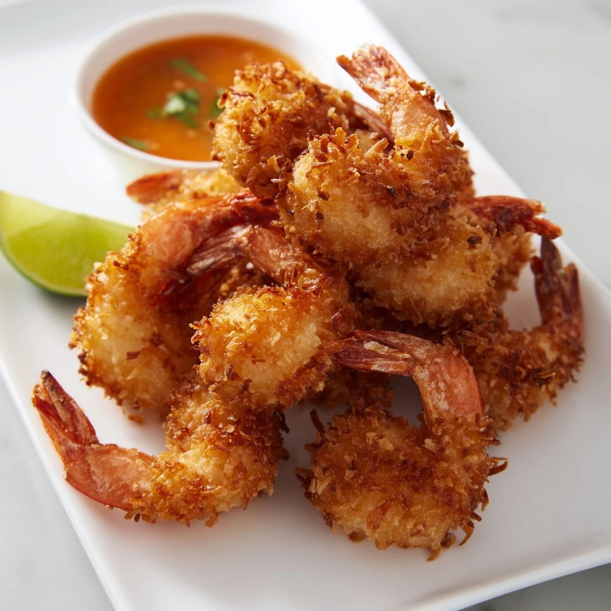 Golden fried coconut shrimp with crispy shredded coconut coating and sweet chili dipping sauce
