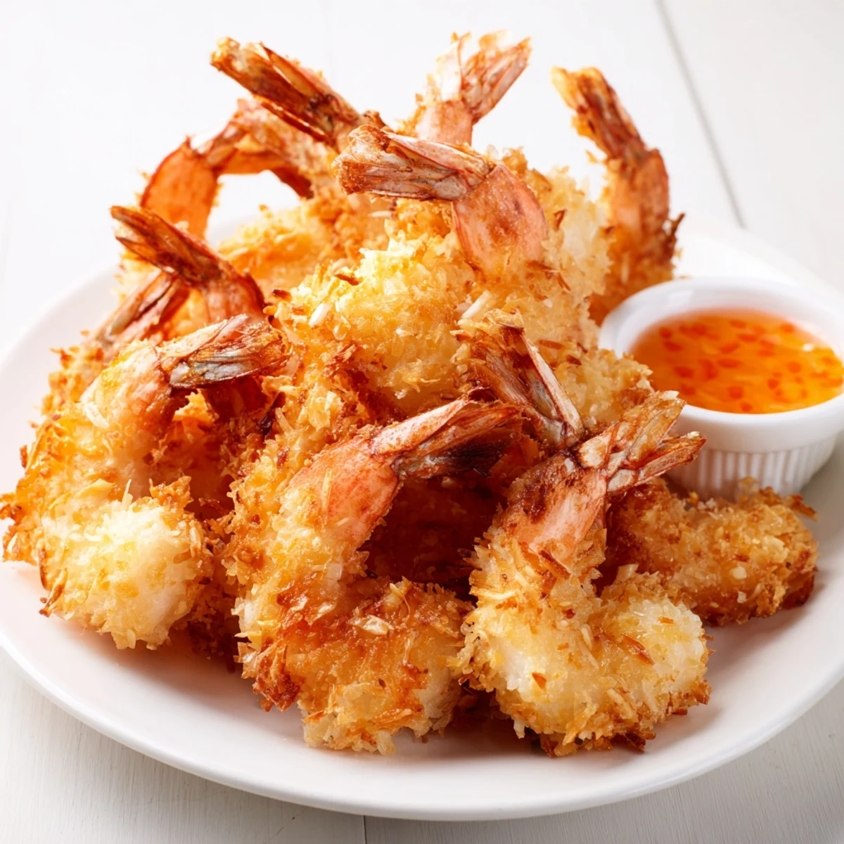 Crispy coconut battered shrimp arranged on serving platter with tangy lime dipping sauce