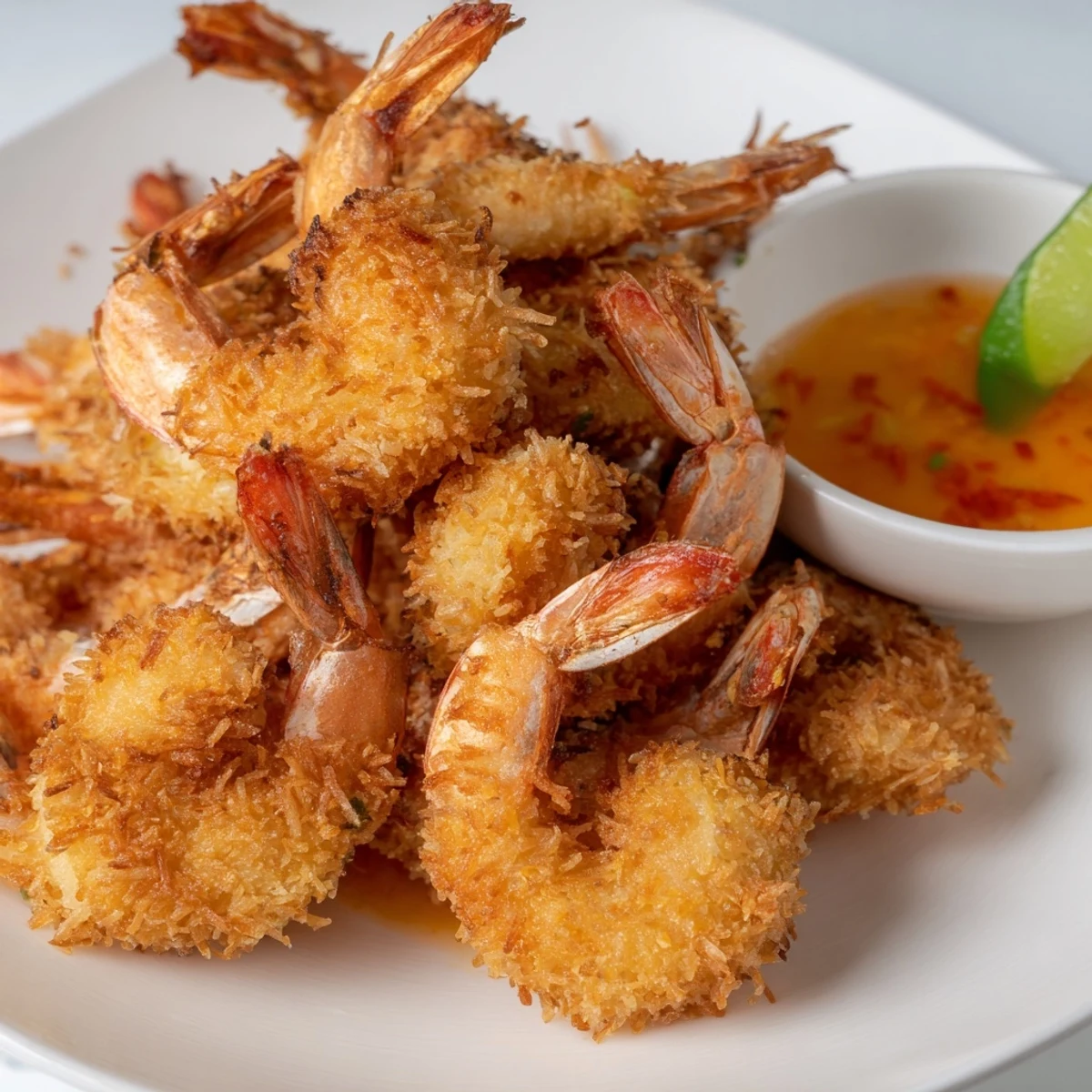 Plate of golden brown coconut shrimp sprinkled with coconut flakes alongside zesty chili sauce