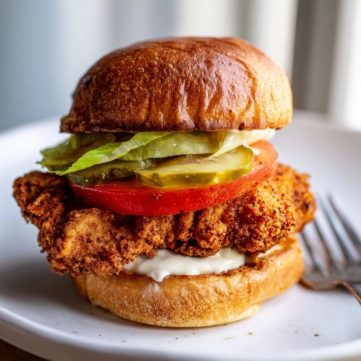Cajun Crispy Chicken Sandwich with Garlic Aioli on toasted brioche, golden crunchy