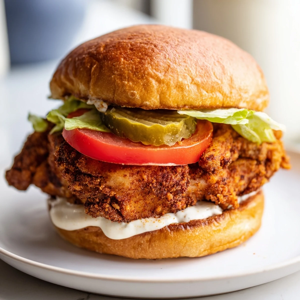 Close-up of Cajun Crispy Chicken Sandwich with Garlic Aioli, juicy tomato and lettuce