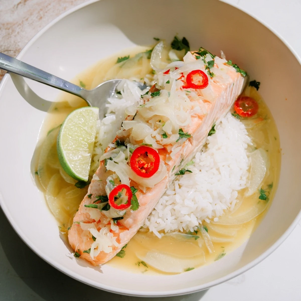 Silky fillets in fragrant coconut-lime broth, cilantro — Coconut Lime Poached Salmon Dinner